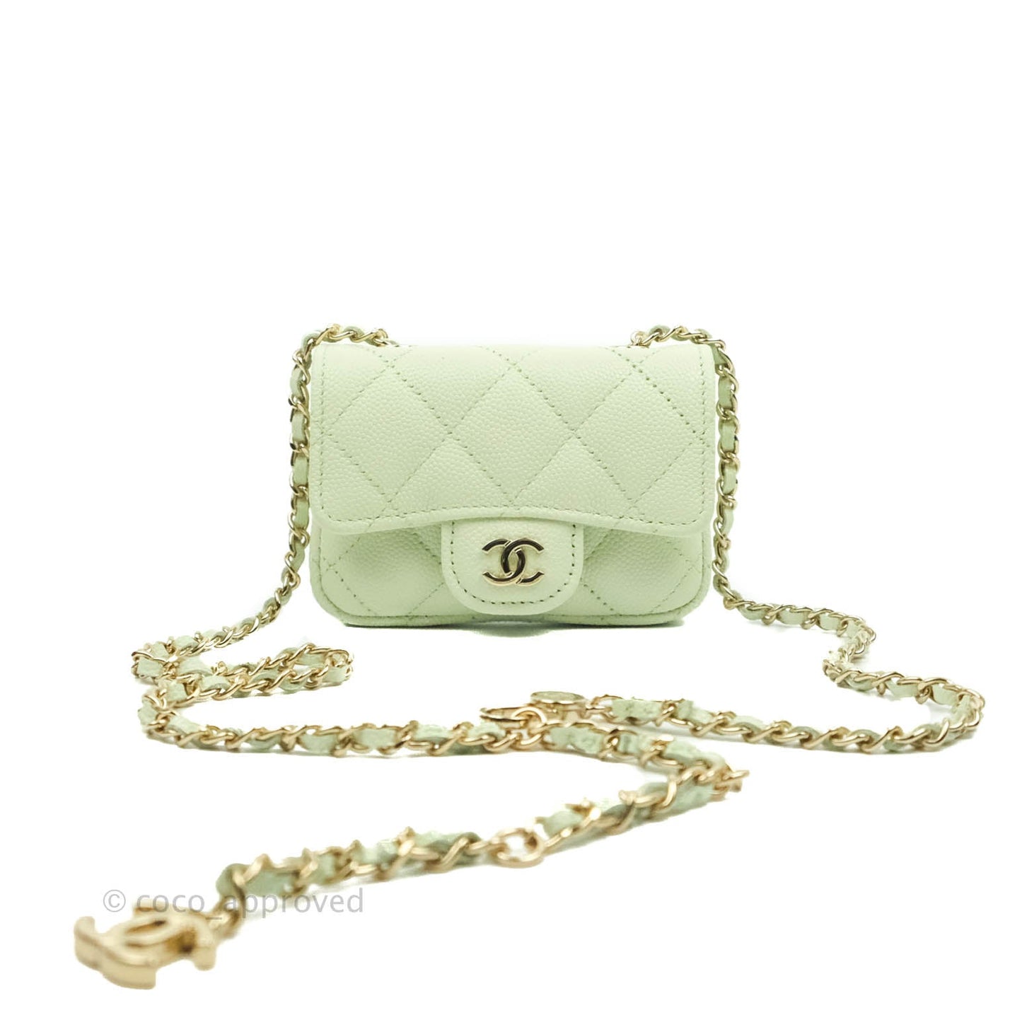 Chanel Mini Card Holder Chain Belt Bag Light Green Caviar Gold Hardware 21B