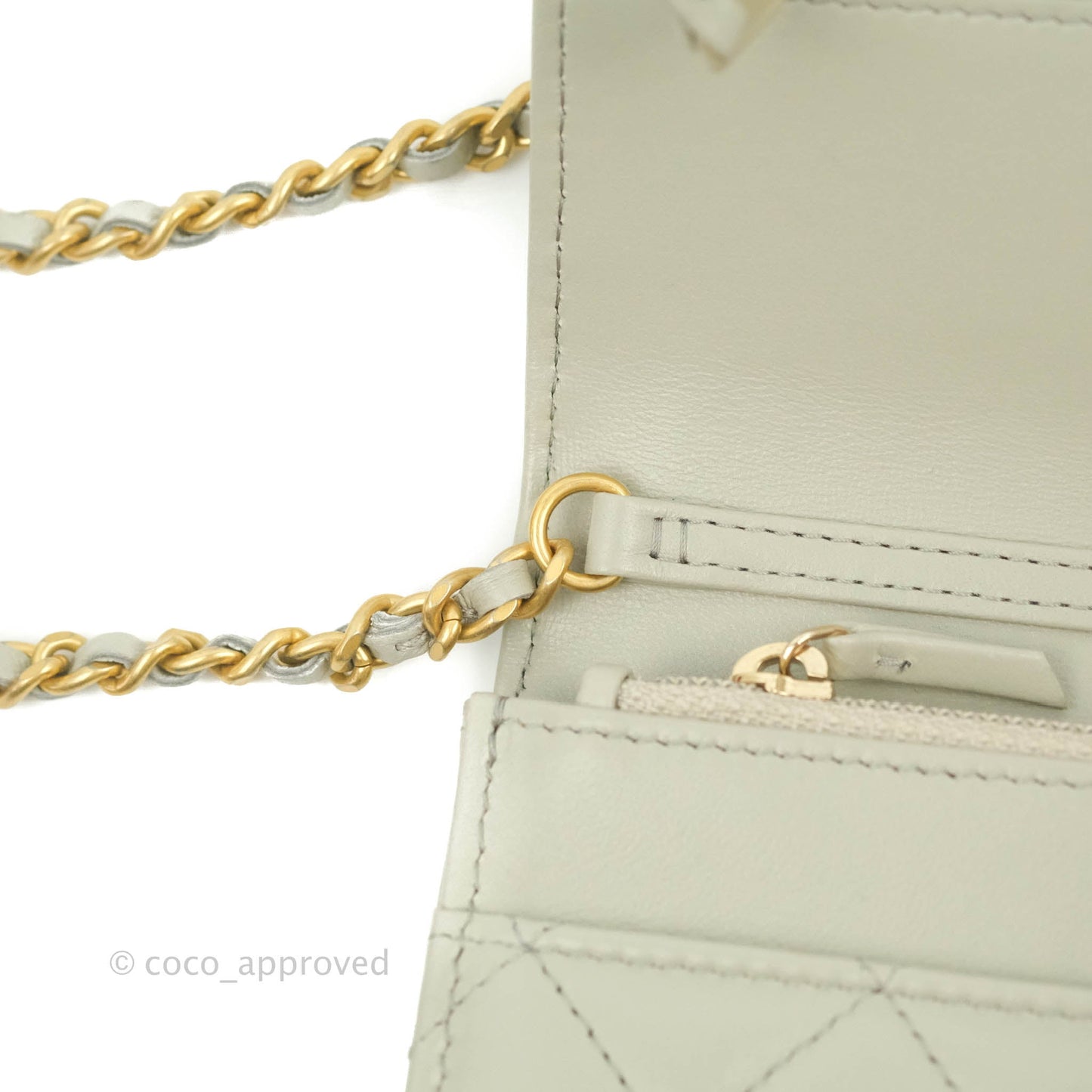 Chanel Quilted Pearl Crush Wallet on Chain WOC Light Grey Lambskin Aged Gold Hardware 22C