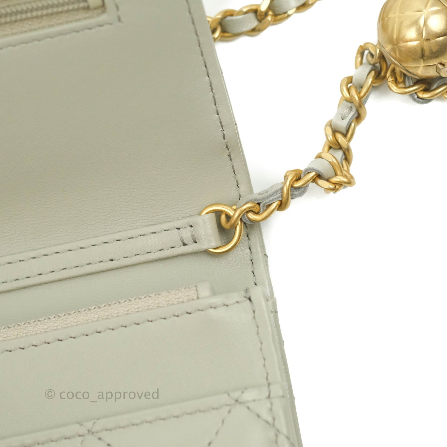 Chanel Quilted Pearl Crush Wallet on Chain WOC Light Grey Lambskin Aged Gold Hardware 22C