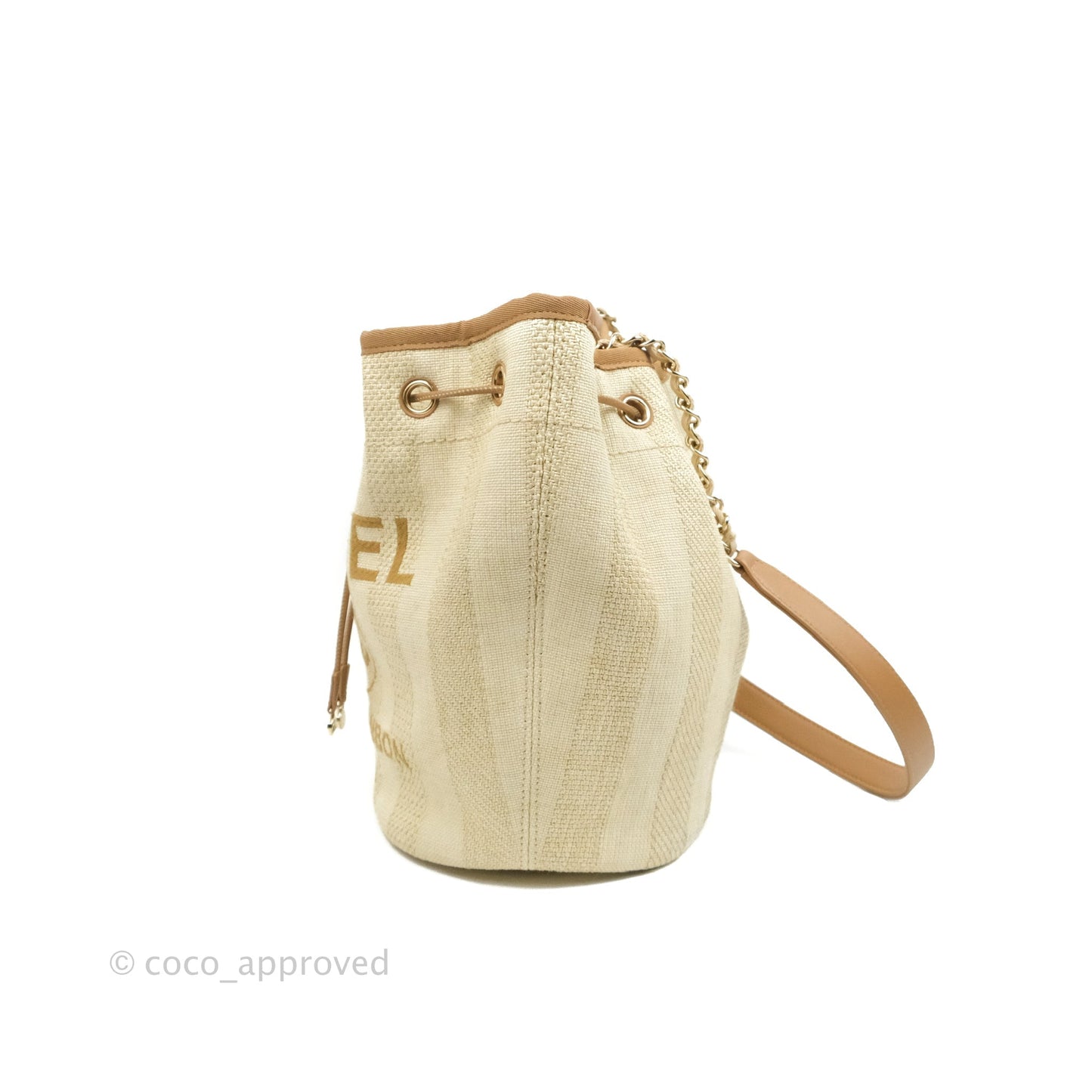 Chanel Raffia Canvas Deauville Drawstring Bucket Bag Brown Gold Hardware