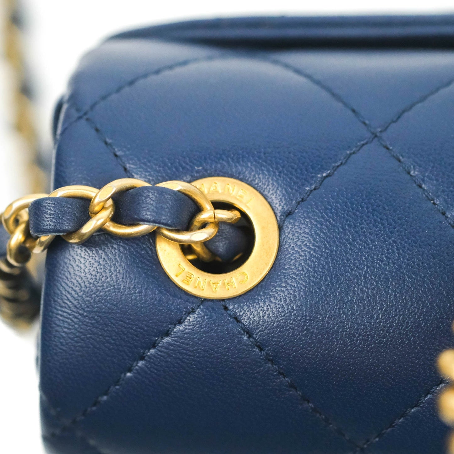 Chanel Circular Handle Flap Bag Navy Lambskin Aged Gold Hardware