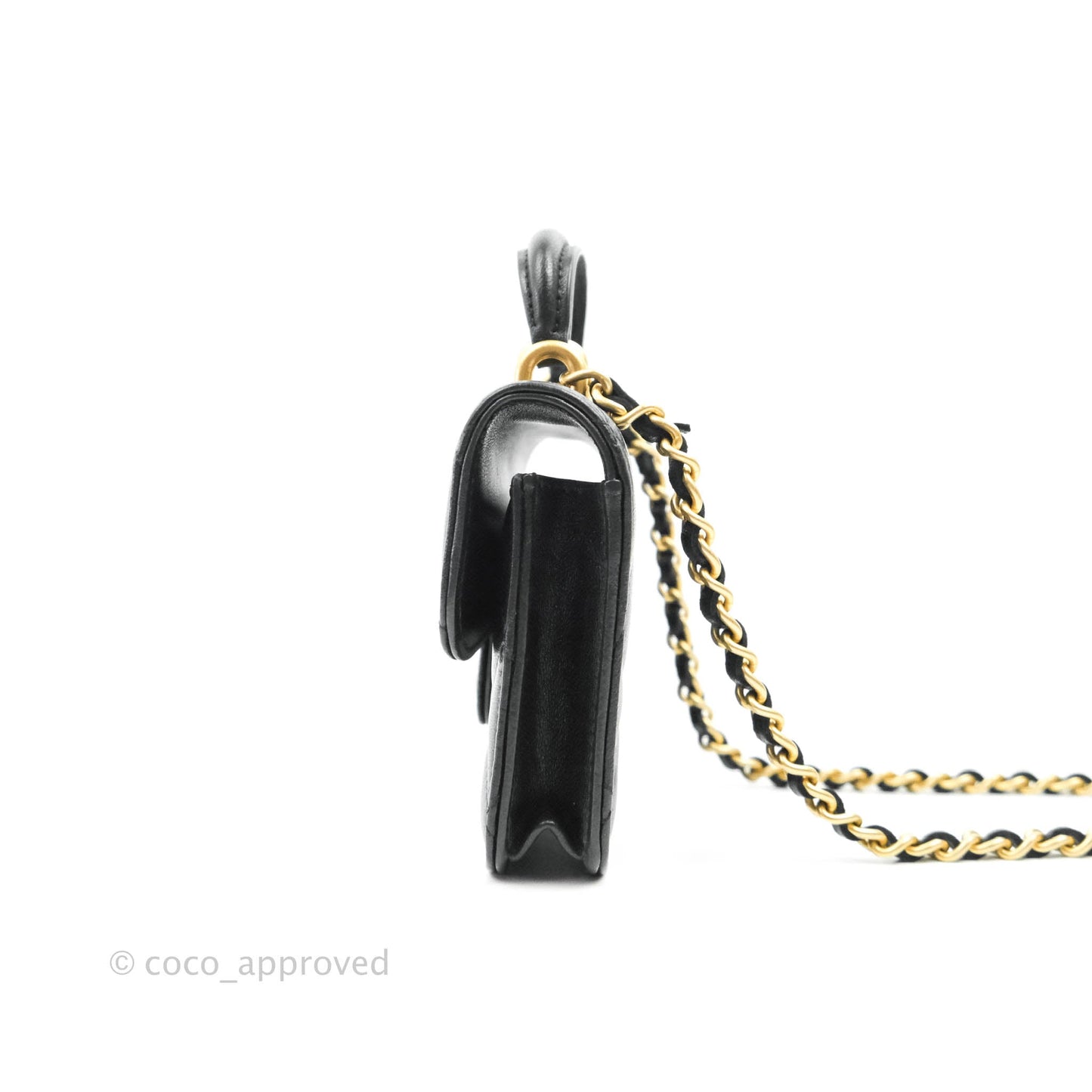 Chanel Mini Handle Flap Coin Purse With Chain Black Lambskin Gold Hardware