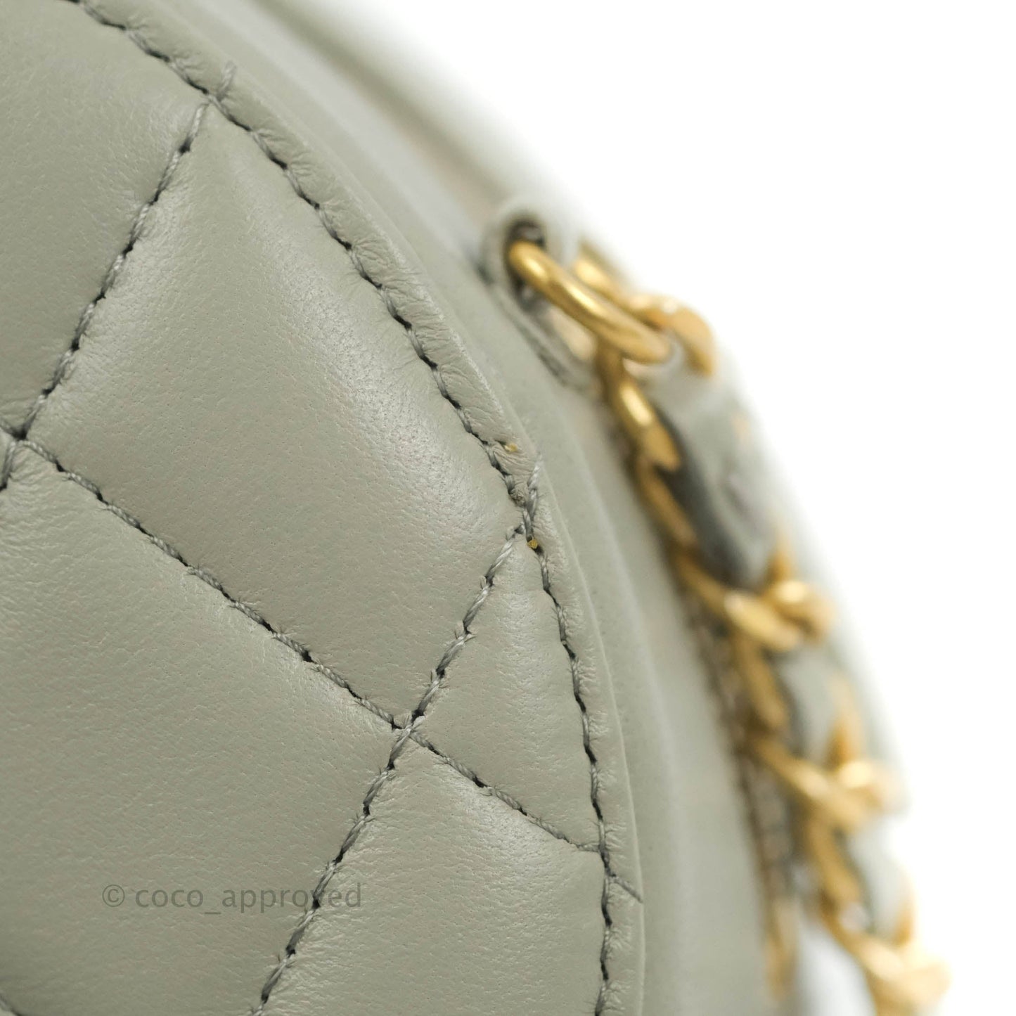 Chanel Quilted Round Pearl Crush Clutch With Chain Grey Lambskin Aged Gold Hardware