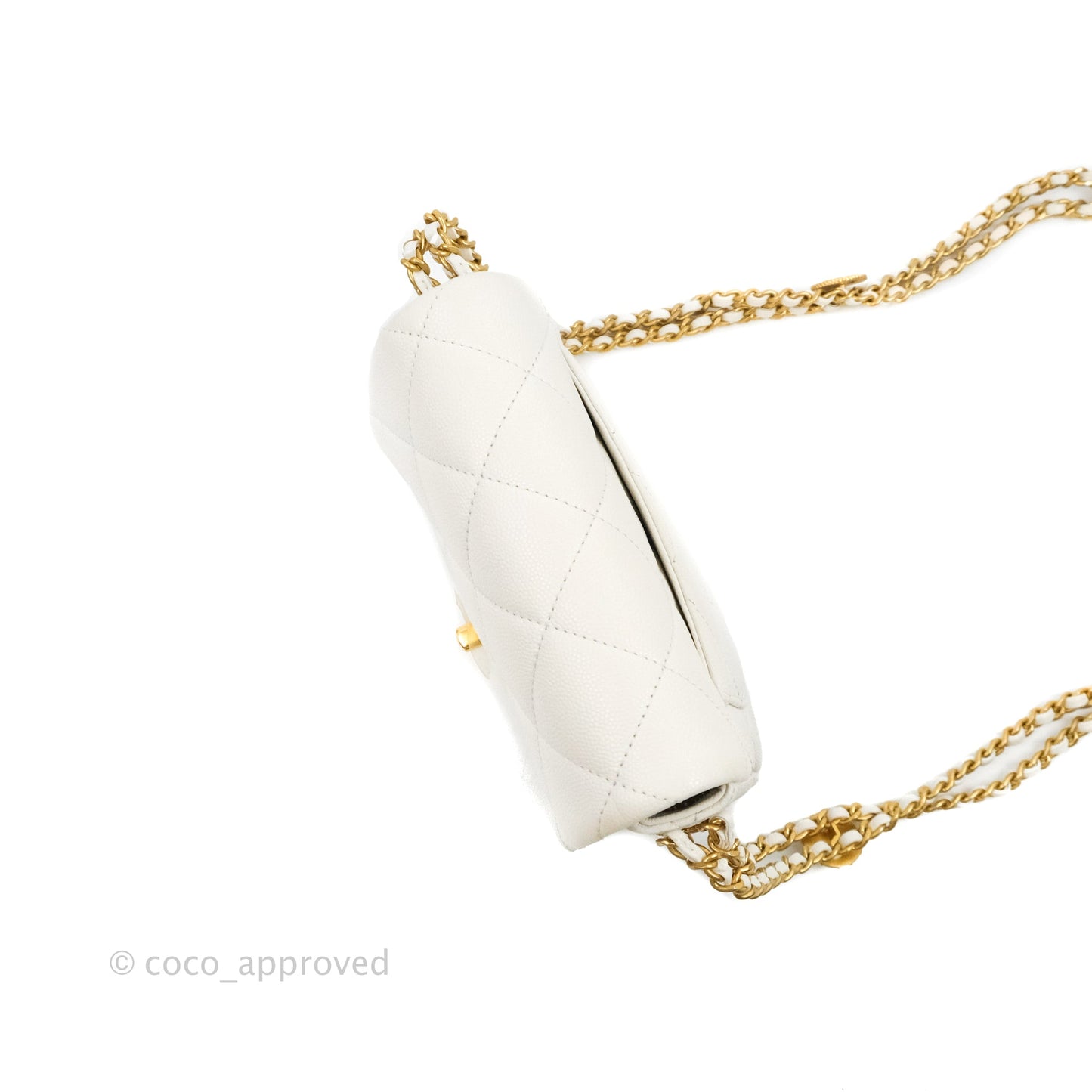 Chanel Mini Flap with Coin Charm White Caviar Aged Gold Hardware 22A