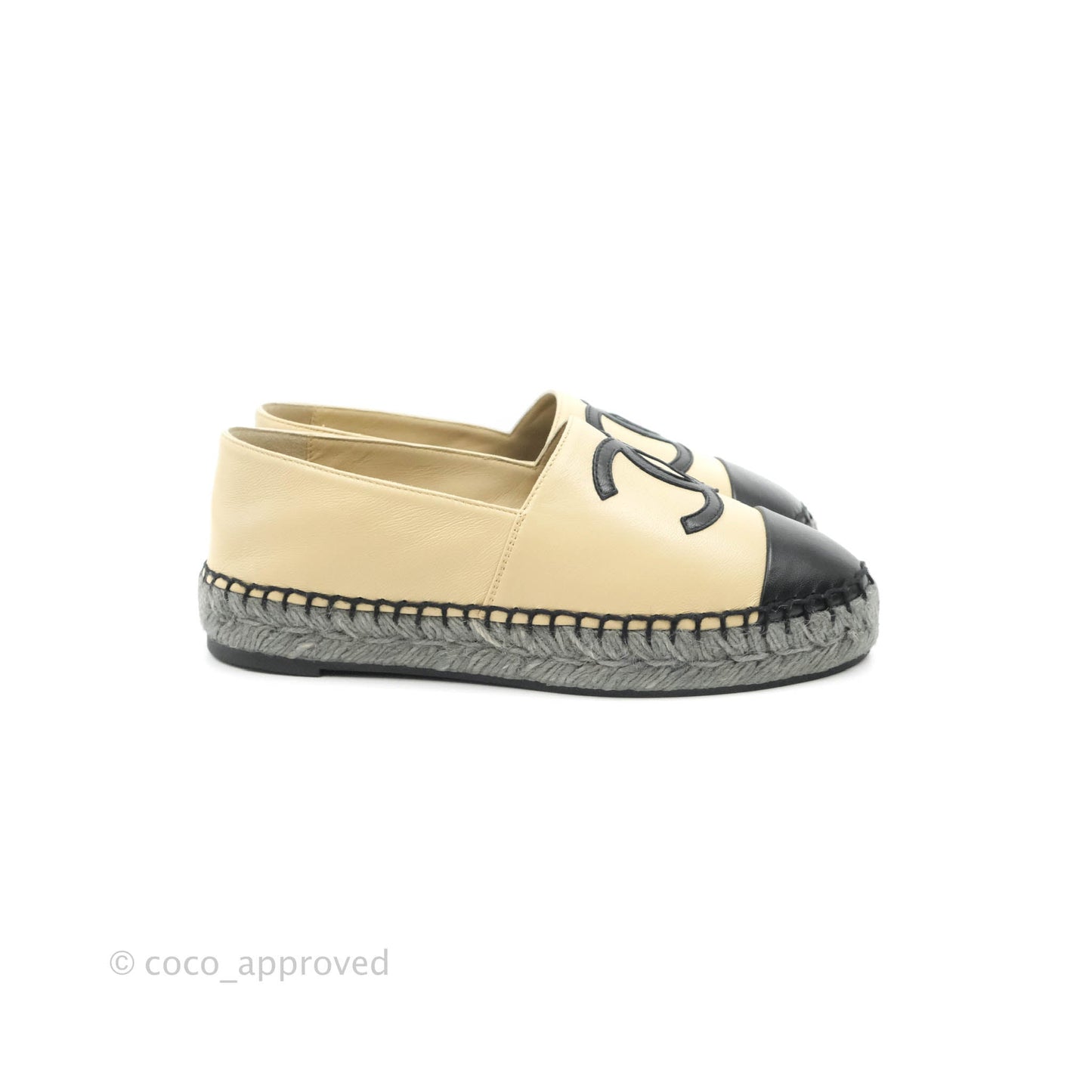 Chanel Espadrille Black Beige Leather Size 36C
