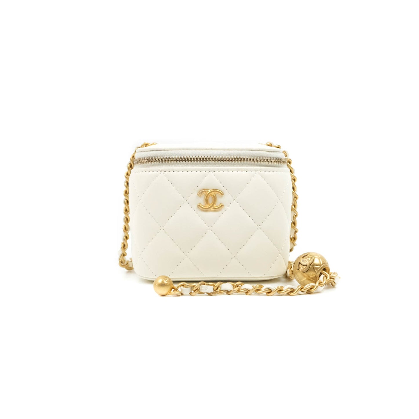 Chanel Mini Pearl Crush Vanity With Chain White Lambskin Aged Gold Hardware