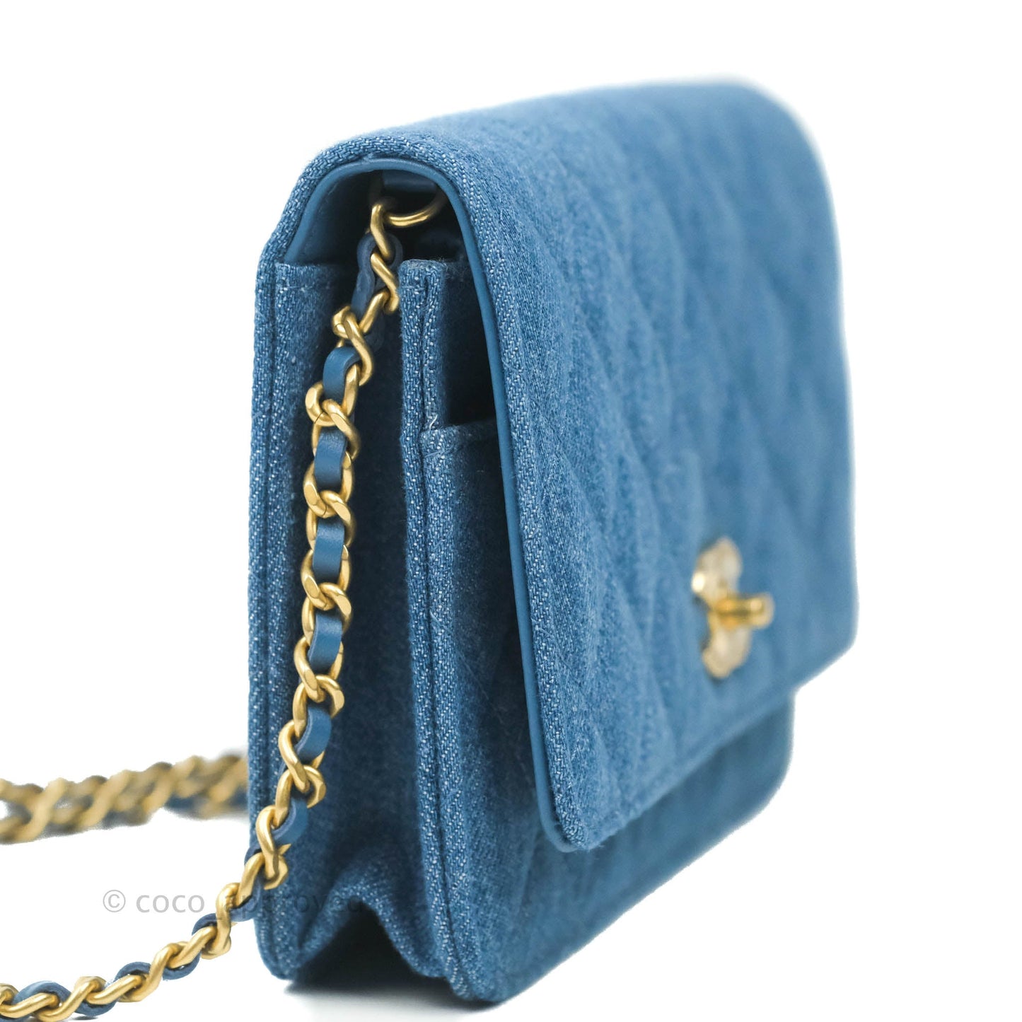 Chanel Quilted Pearl Crush Wallet on Chain WOC Denim Aged Gold Hardware
