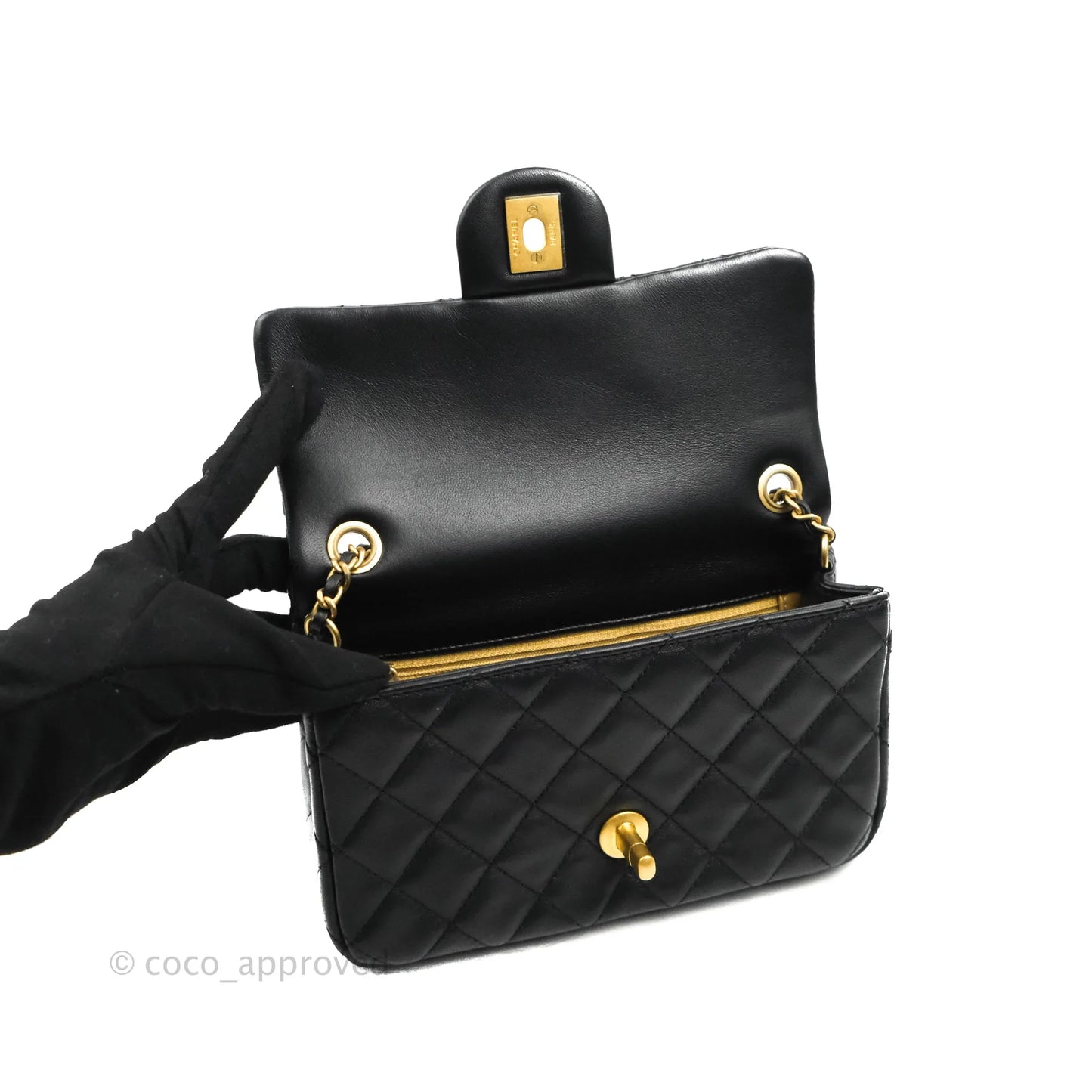 Chanel Mini Rectangular Pearl Crush Quilted Black Lambskin Aged Gold Hardware