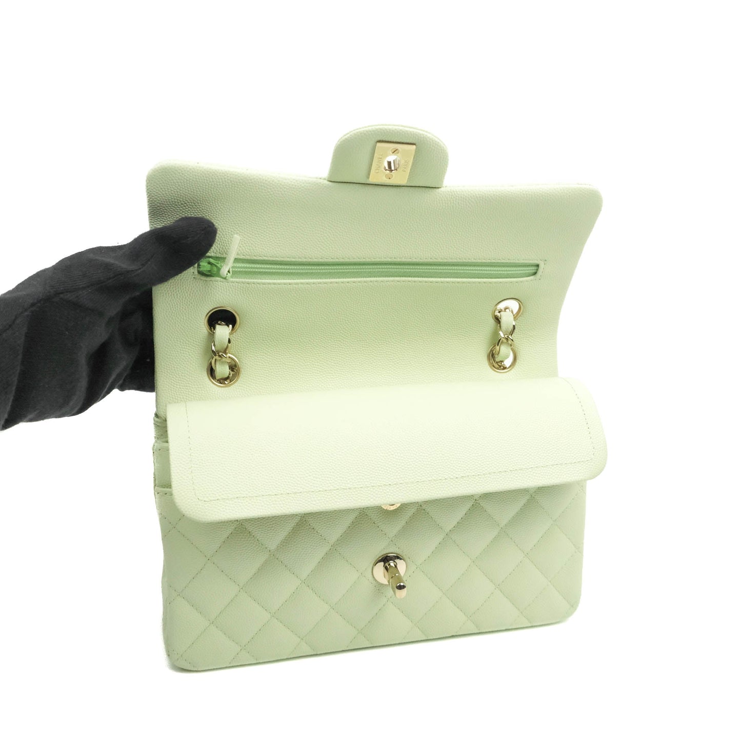 Chanel Small Classic Quilted Flap Mint Green Caviar Gold Hardware 22C