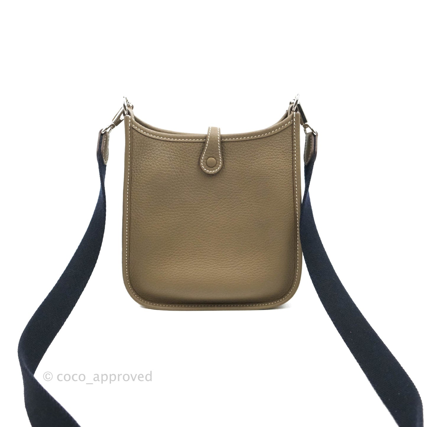 Hermès Mini Evelyne Etoupe Clemence Palladium Hardware with Bleu Indigo Strap