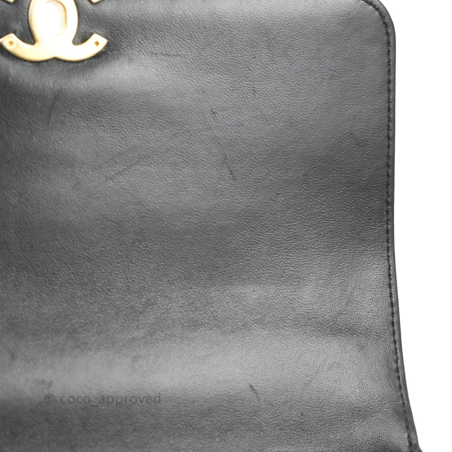 Chanel Quilted Small Flap Bag with CC Crystal Logo Handle Black Lambskin Aged Gold Hardware