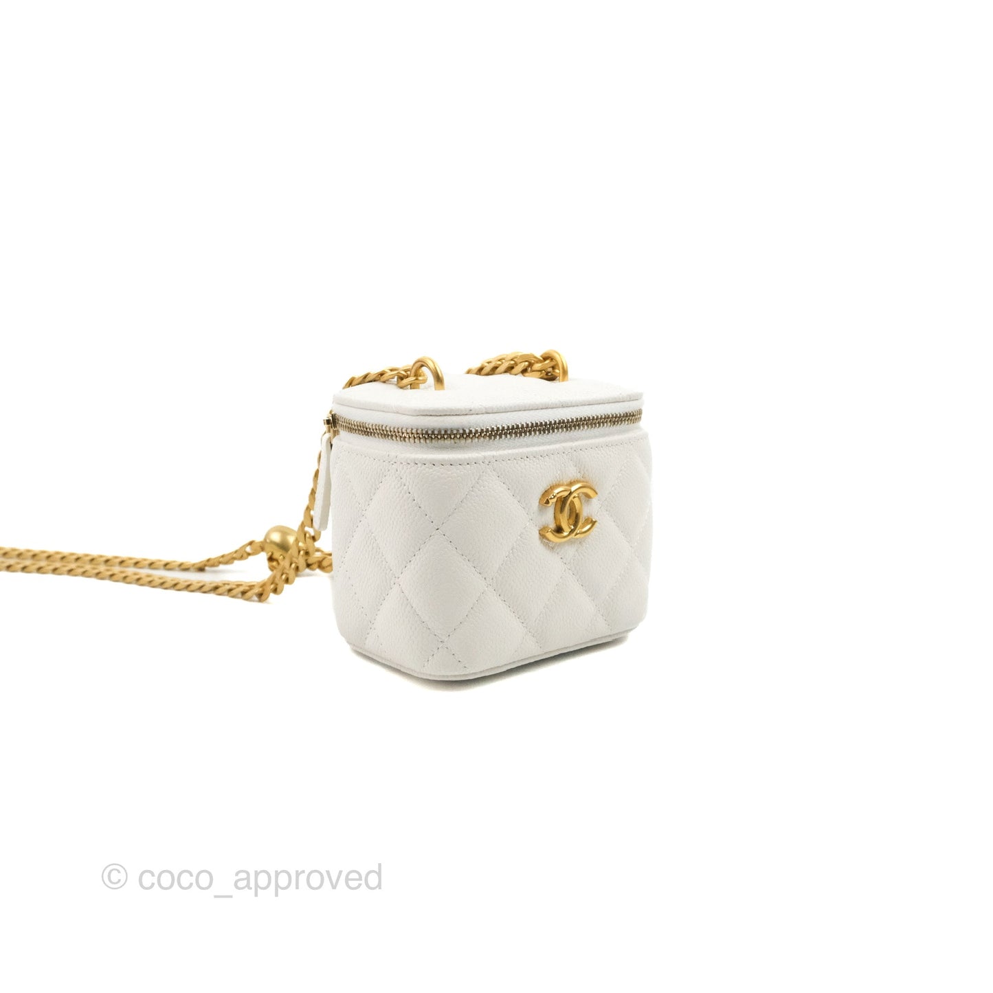 Chanel Quilted Heart Crush Mini Vanity With Chain White Caviar Aged Gold Hardware