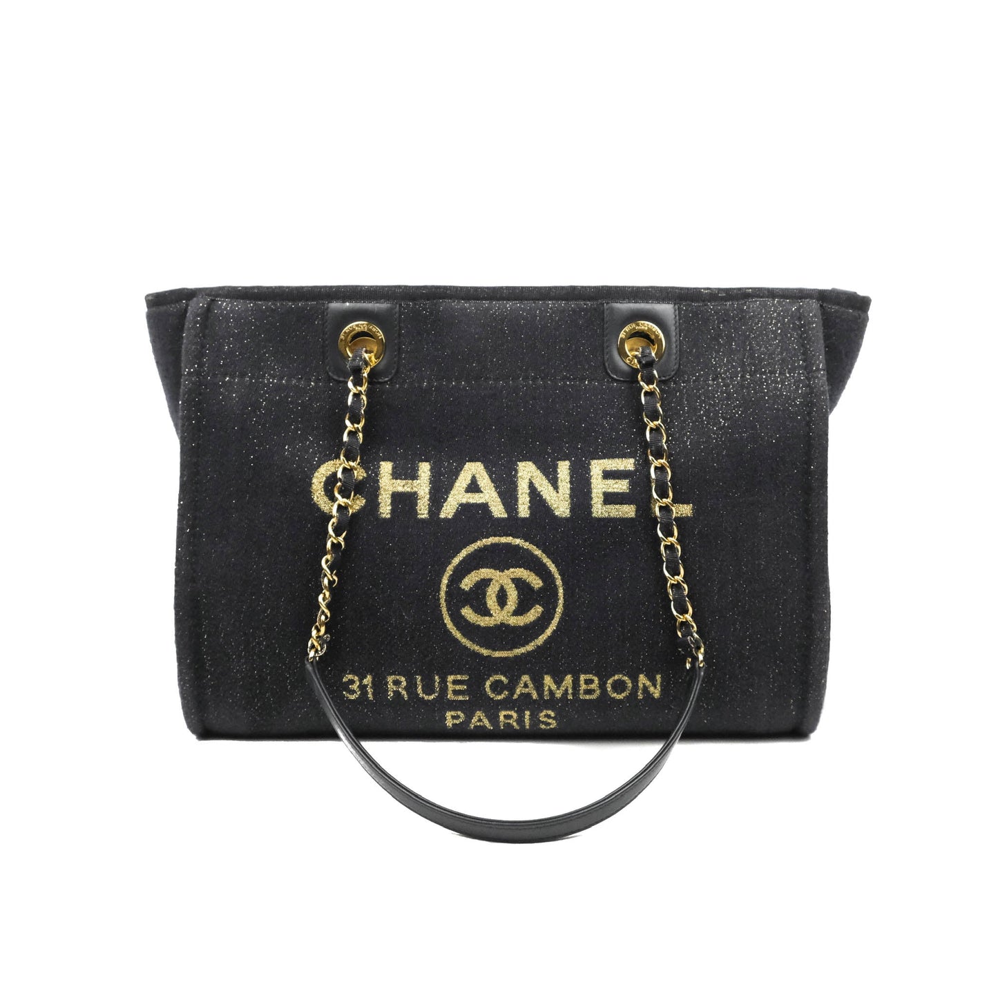 Chanel Medium Deauville Tote Navy Glitter Canvas Gold Hardware