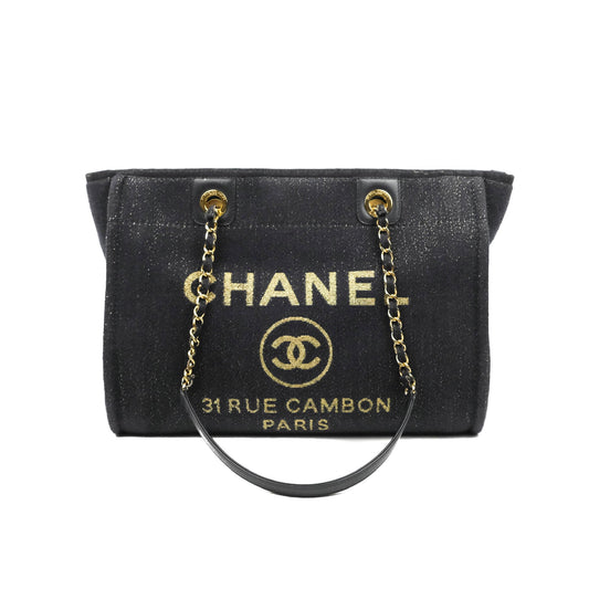 Chanel Medium Deauville Tote Navy Glitter Canvas Gold Hardware