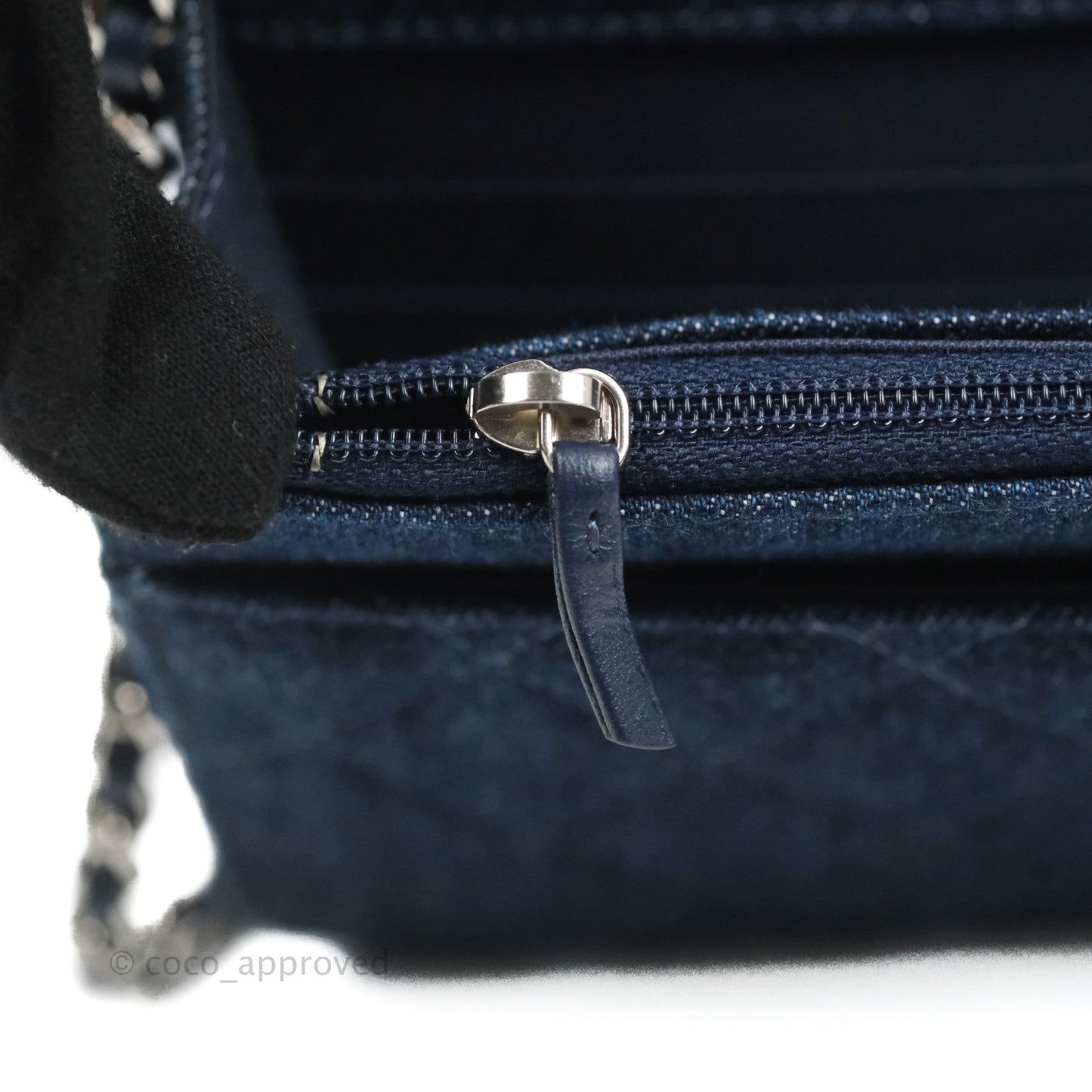 Chanel Quilted Chain Around Wallet on Chain WOC Dark Blue Denim Silver Hardware