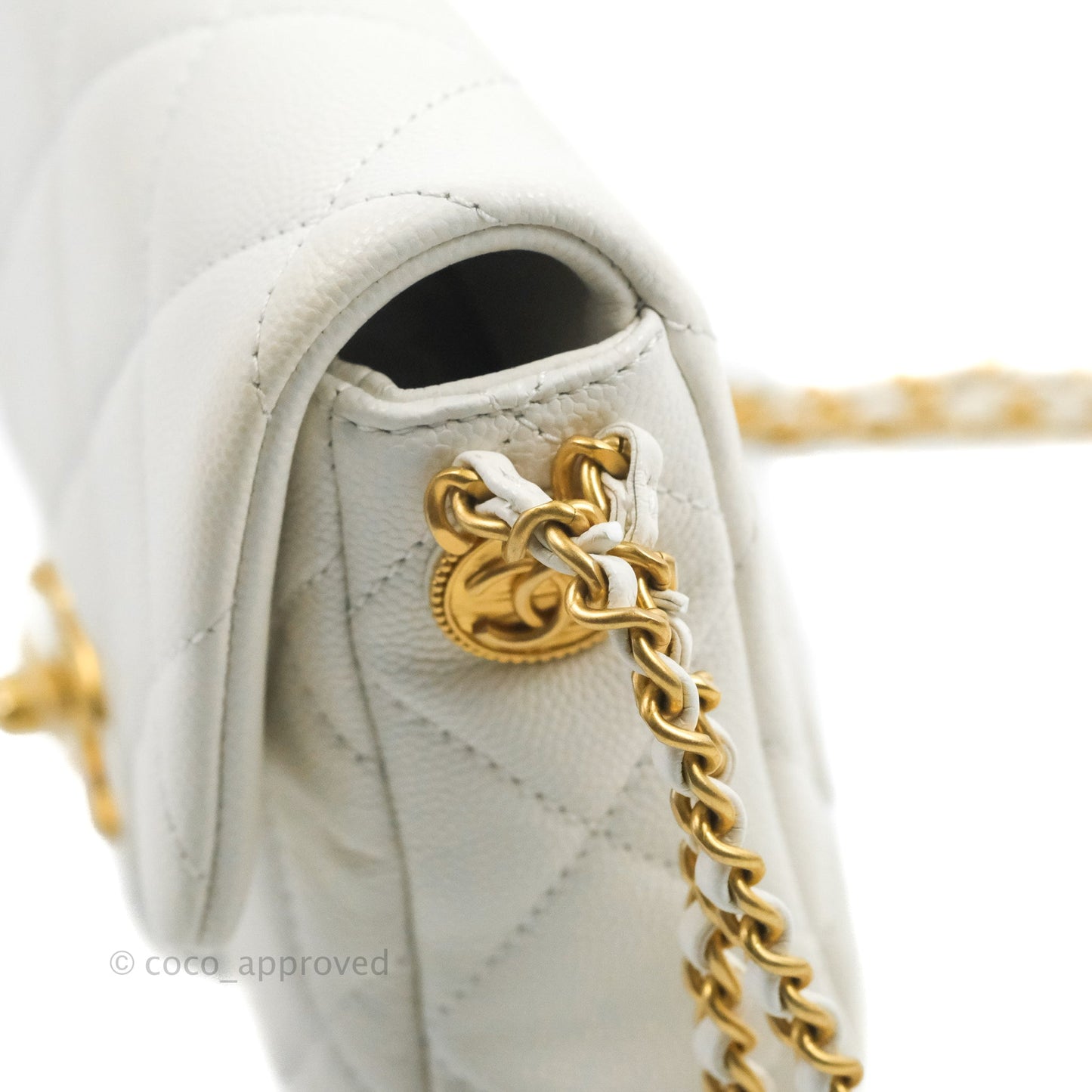 Chanel Mini Flap with Coin Charm White Caviar Aged Gold Hardware 22A