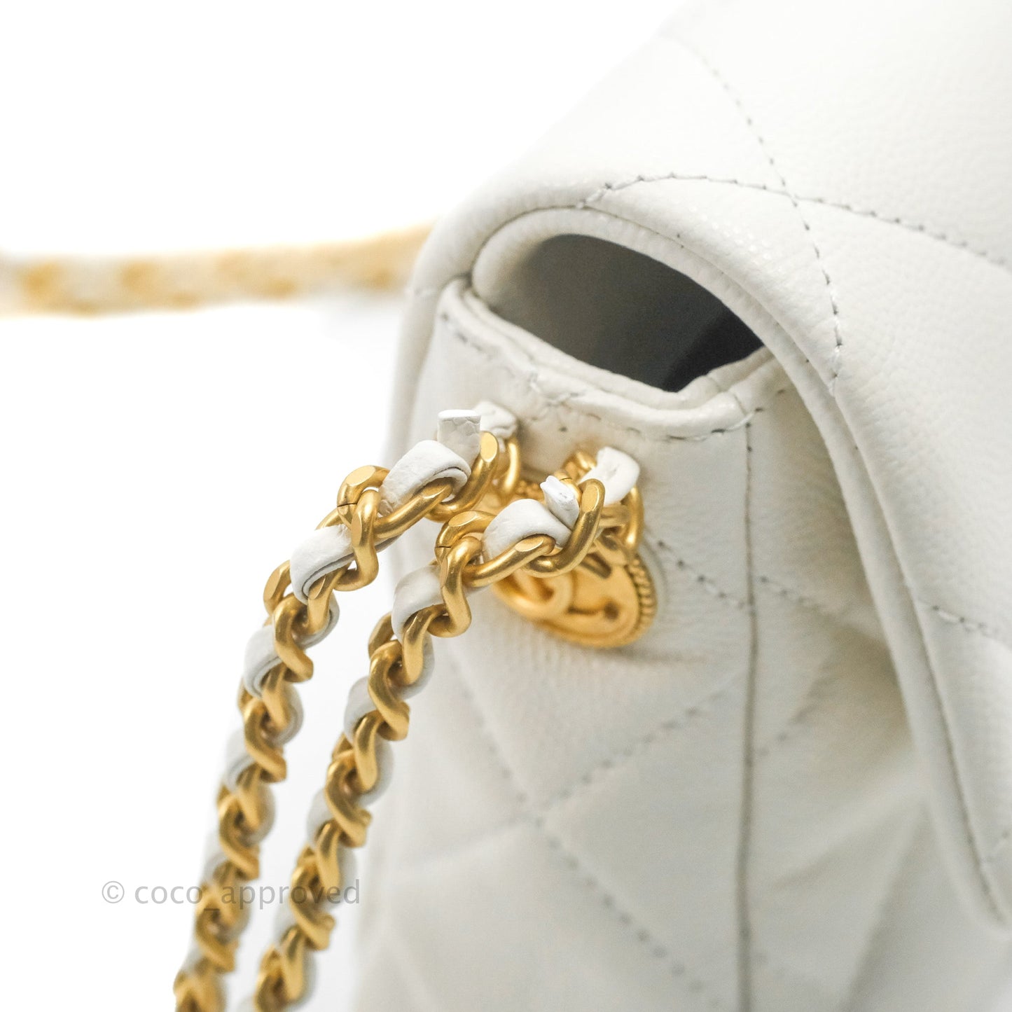 Chanel Mini Flap with Coin Charm White Caviar Aged Gold Hardware 22A