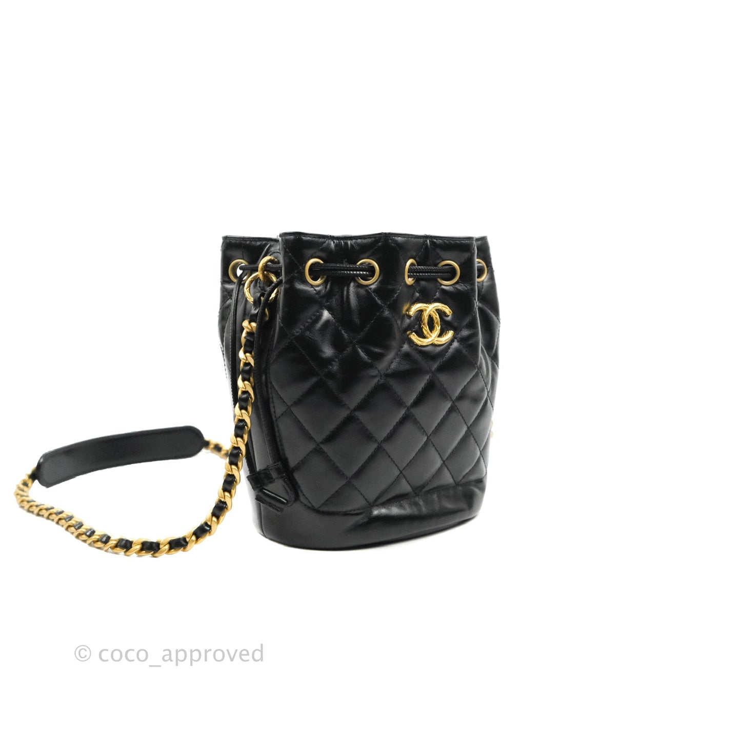 Chanel Quilted Drawstring Bucket Bag Black Calfskin Aged Gold Hardware