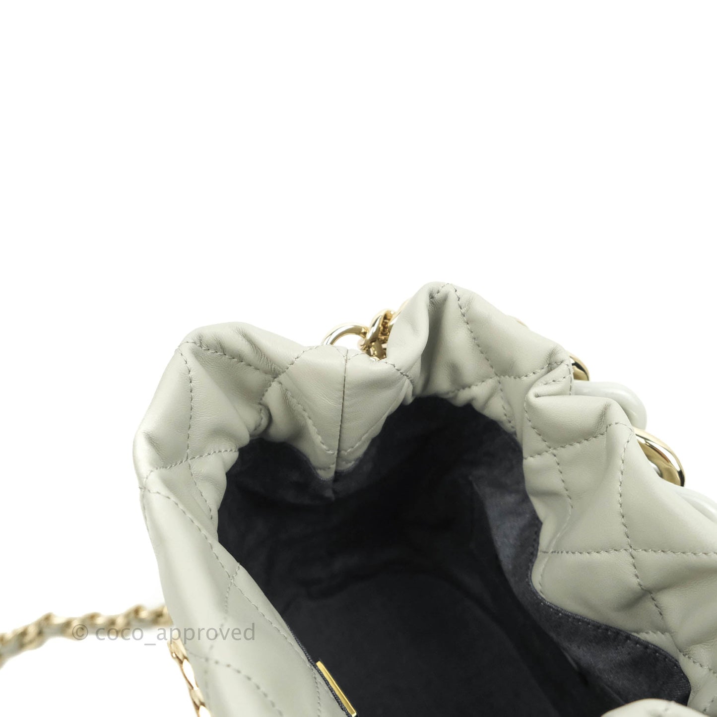 Chanel Quilted Drawstring Bucket Bag Grey Lambskin Gold Hardware 22C