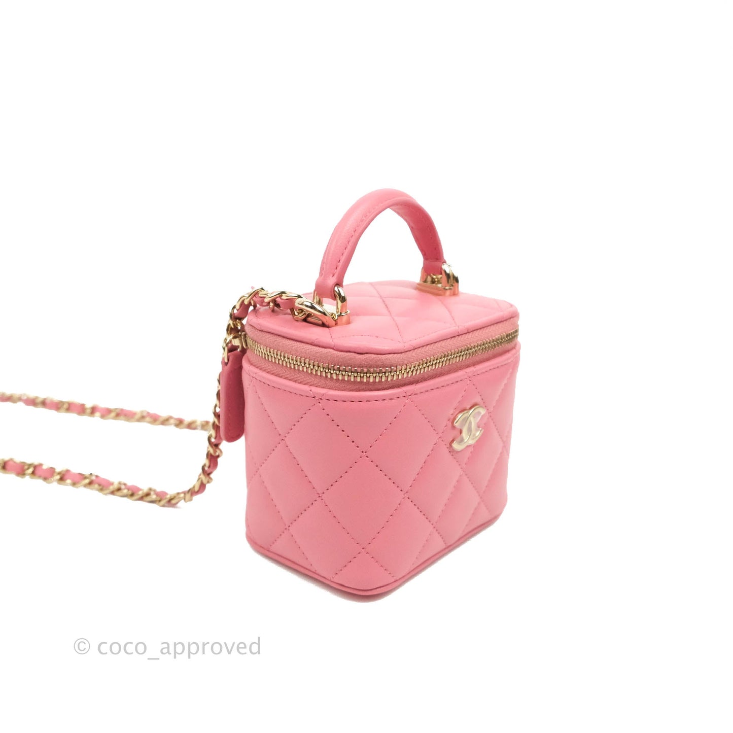 Chanel Mini Top Handle Vanity With Chain Pink Lambskin Gold Hardware