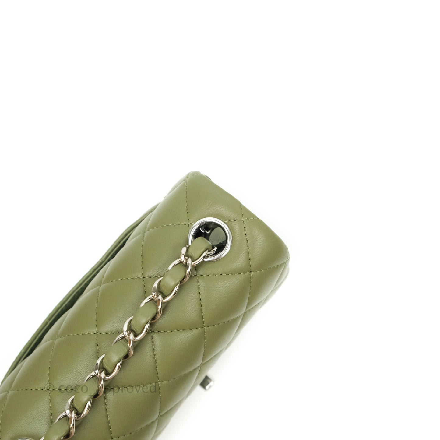 Chanel Quilted Mini Square Olive Green Lambskin Silver Hardware 21B