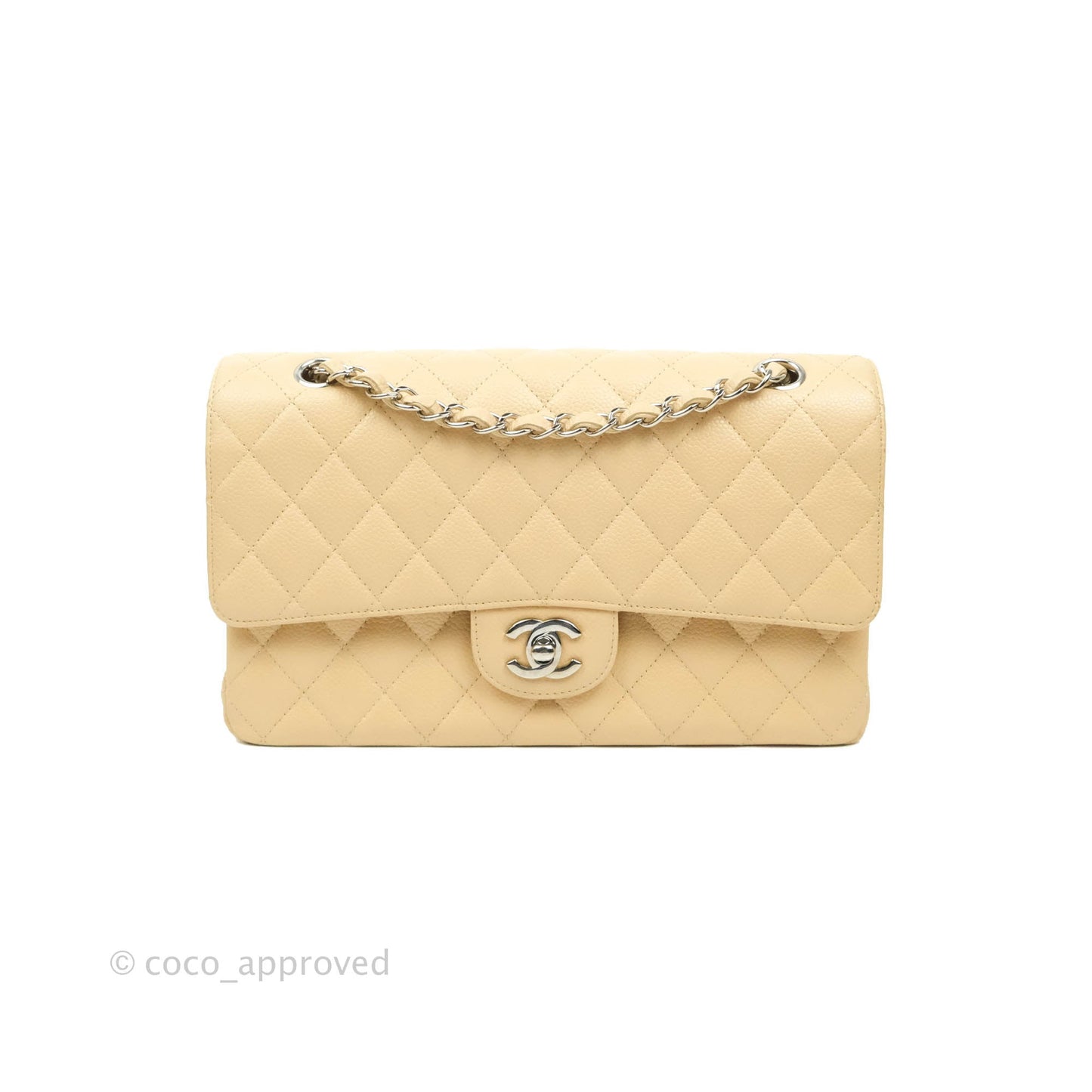 Chanel Classic M/L Medium Flap Quilted Beige Caviar Silver Hardware