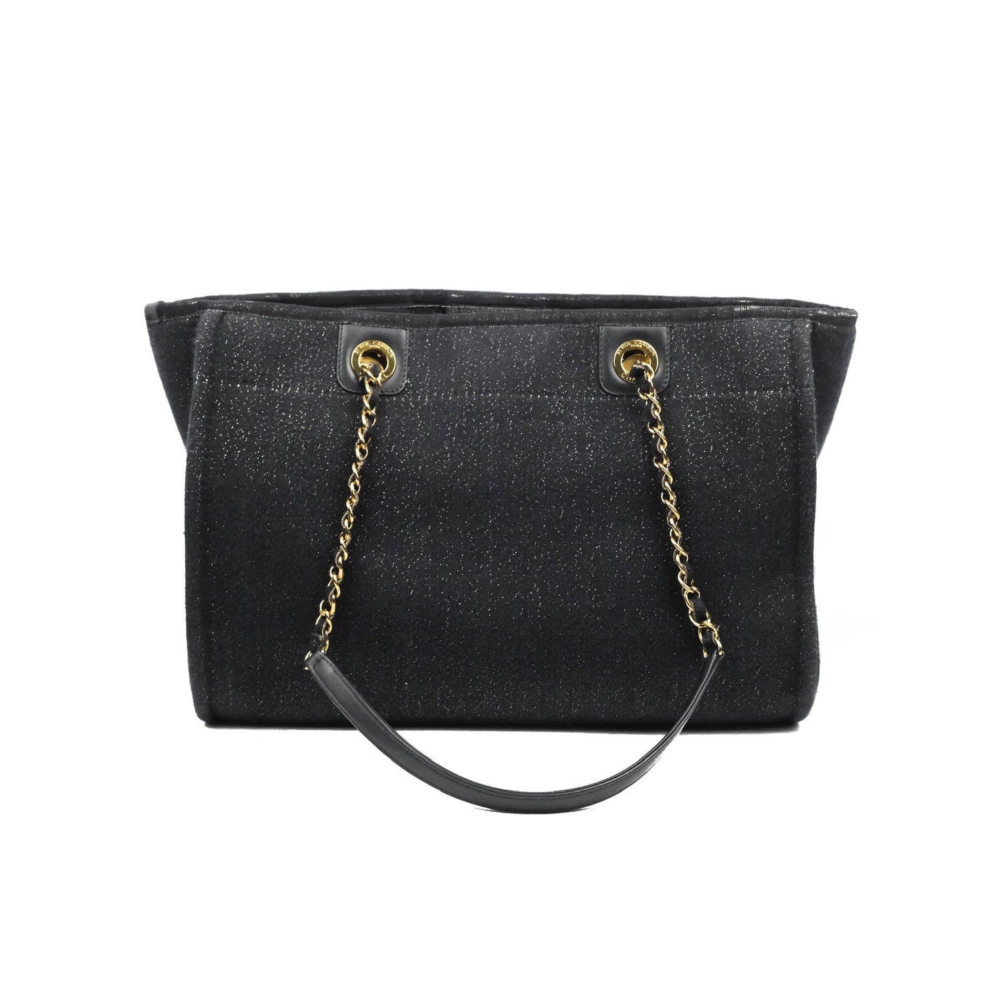 Chanel Medium Deauville Tote Navy Glitter Canvas Gold Hardware