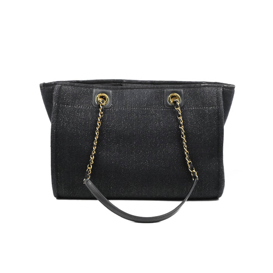 Chanel Medium Deauville Tote Navy Glitter Canvas Gold Hardware