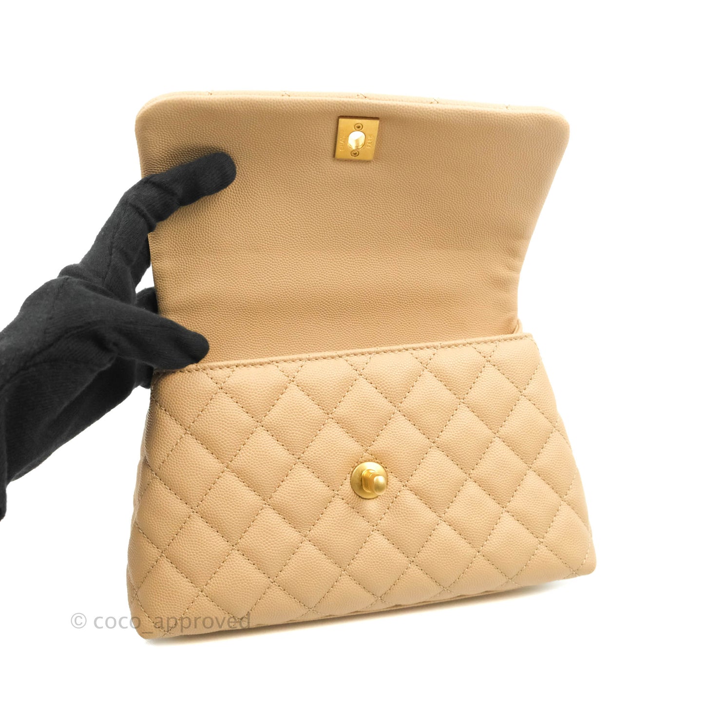 Chanel Small Coco Handle Quilted Beige Caviar Gold Hardware Lizard Embossed Handle