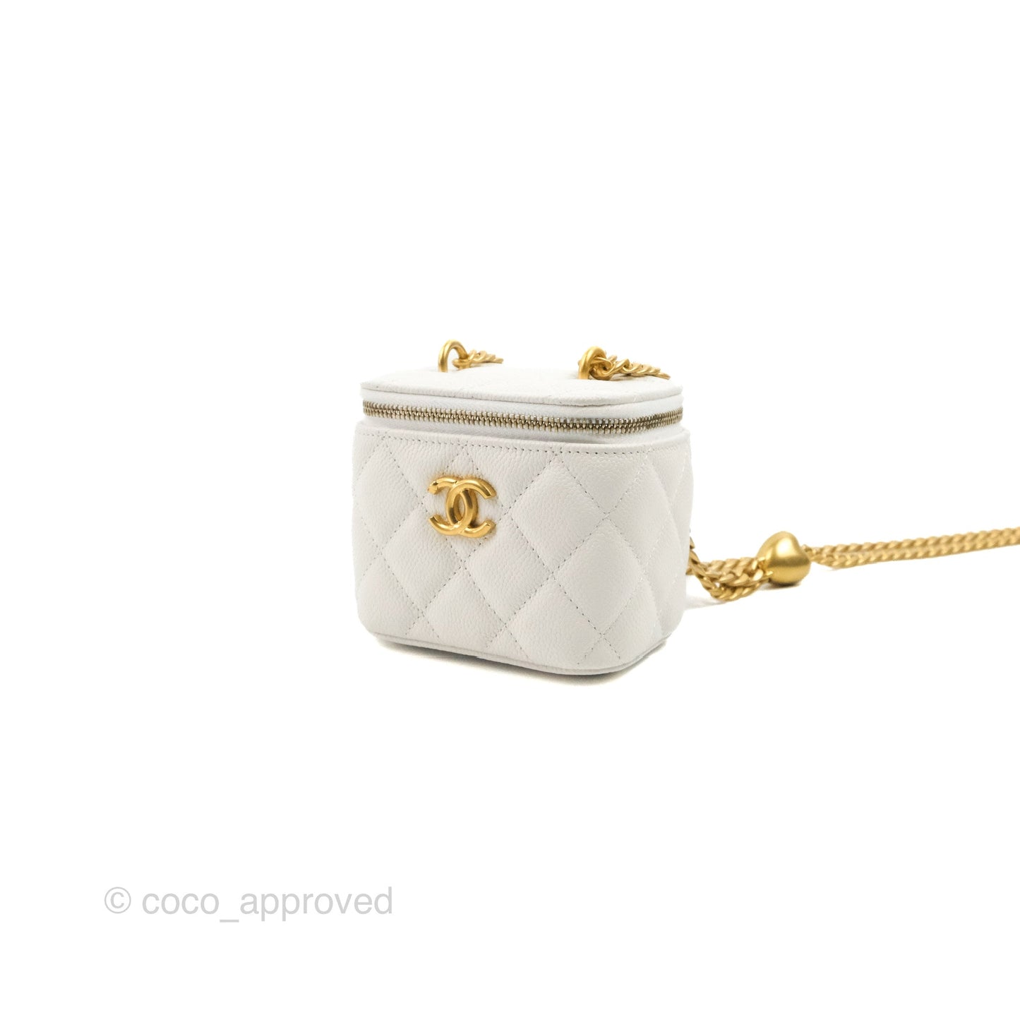 Chanel Quilted Heart Crush Mini Vanity With Chain White Caviar Aged Gold Hardware