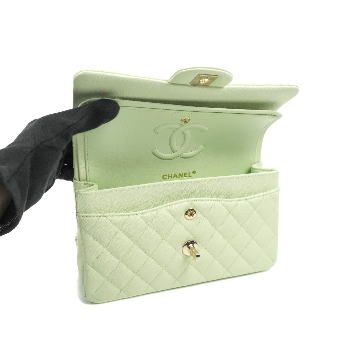 Chanel Small Classic Quilted Flap Mint Green Caviar Gold Hardware 22C