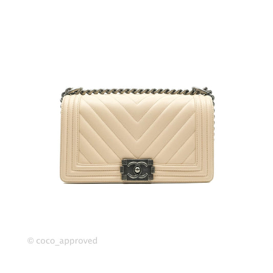 Chanel Chevron Medium Boy Light Pink Beige Caviar Ruthenium Hardware
