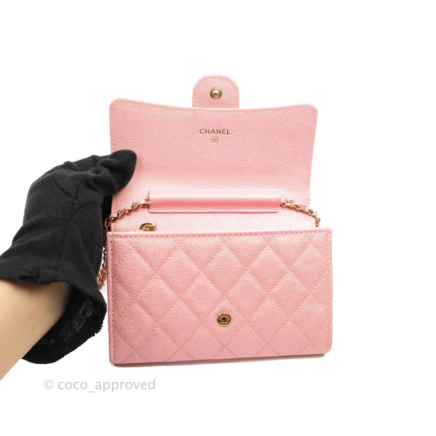 Chanel Mini Quilted Wallet On Chain WOC Caviar Iridescent Pink Gold Hardware 19S