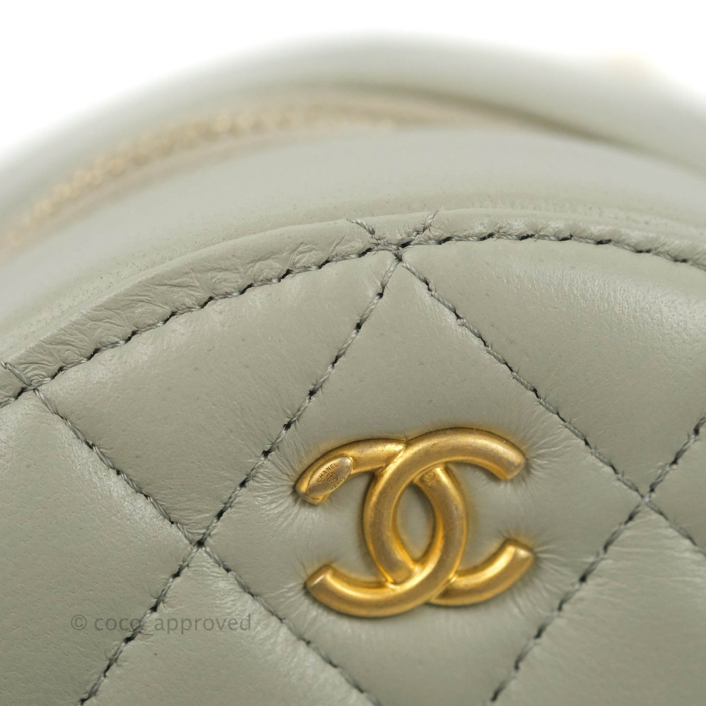 Chanel Quilted Round Pearl Crush Clutch With Chain Grey Lambskin Aged Gold Hardware