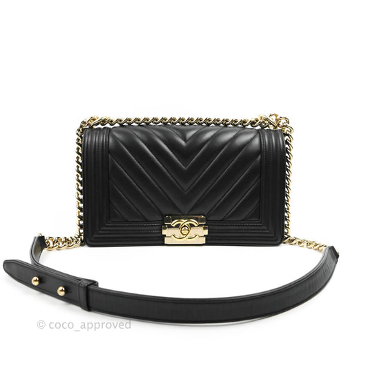 Chanel Chevron Medium Boy Black Calfskin Gold Hardware