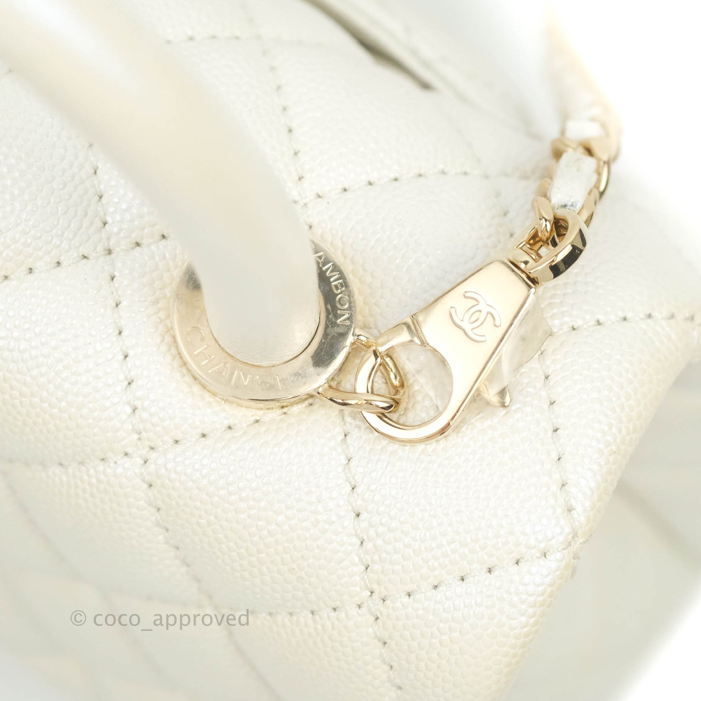 Chanel Small Quilted Coco Handle Iridescent White Caviar Gold Hardware