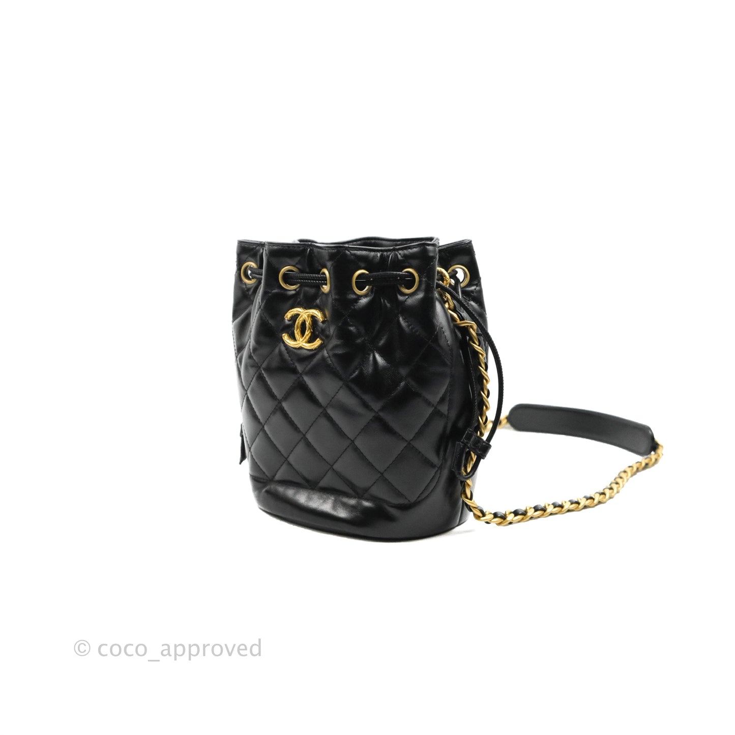 Chanel Quilted Drawstring Bucket Bag Black Calfskin Aged Gold Hardware