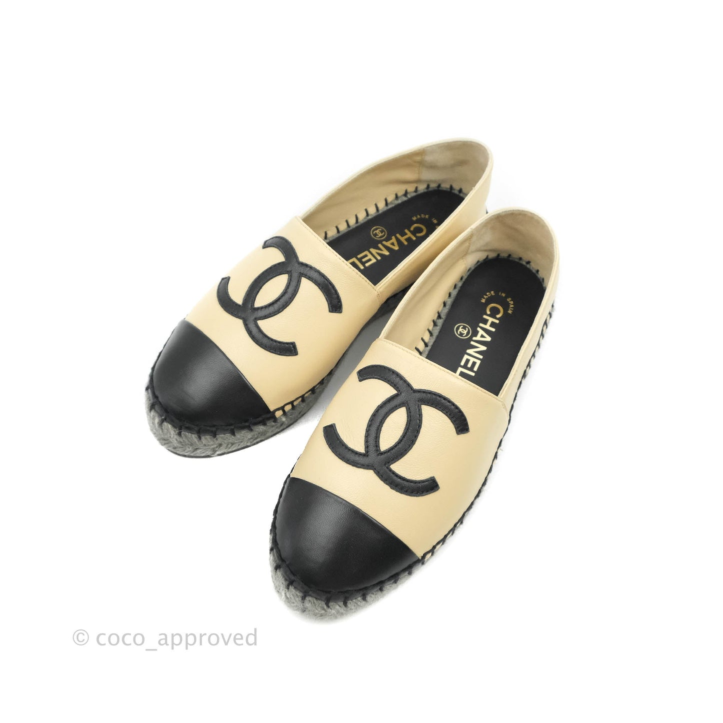 Chanel Espadrille Black Beige Leather Size 36C