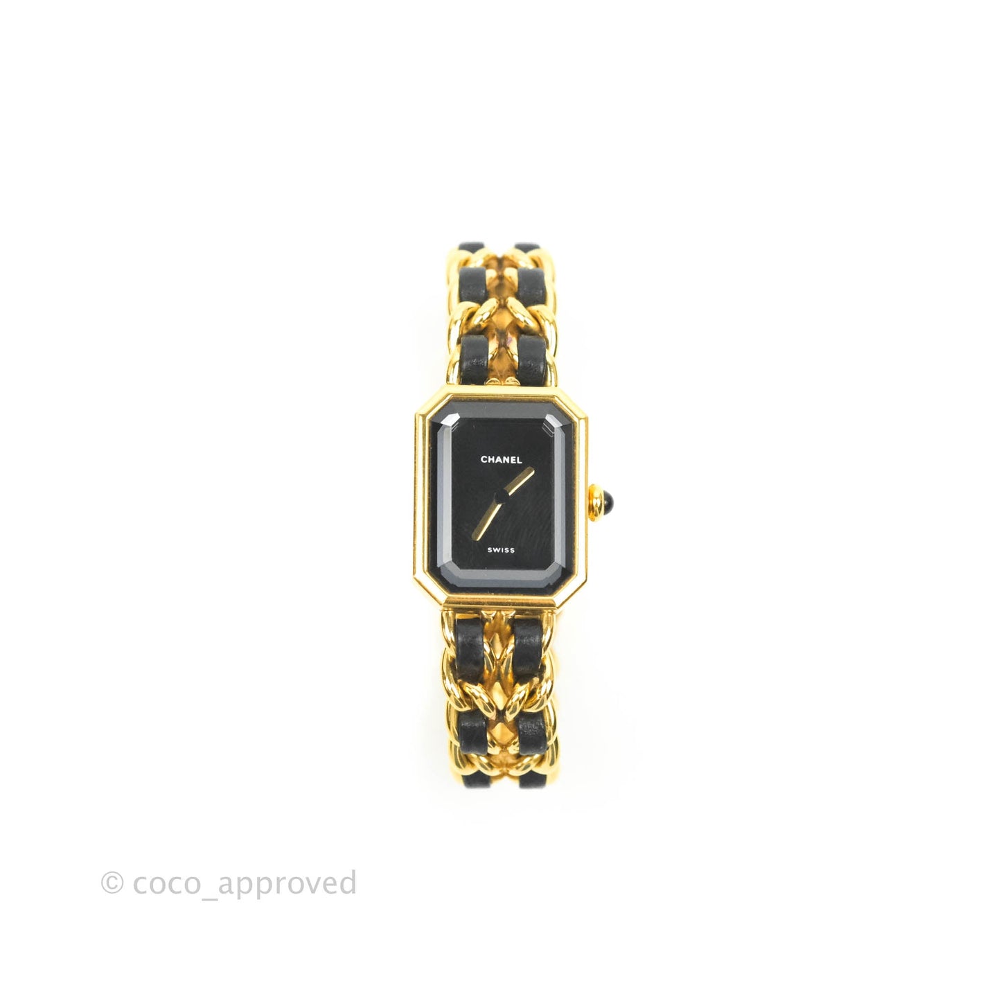 Chanel Vintage Première Watch Black Leather Gold Plated M Size