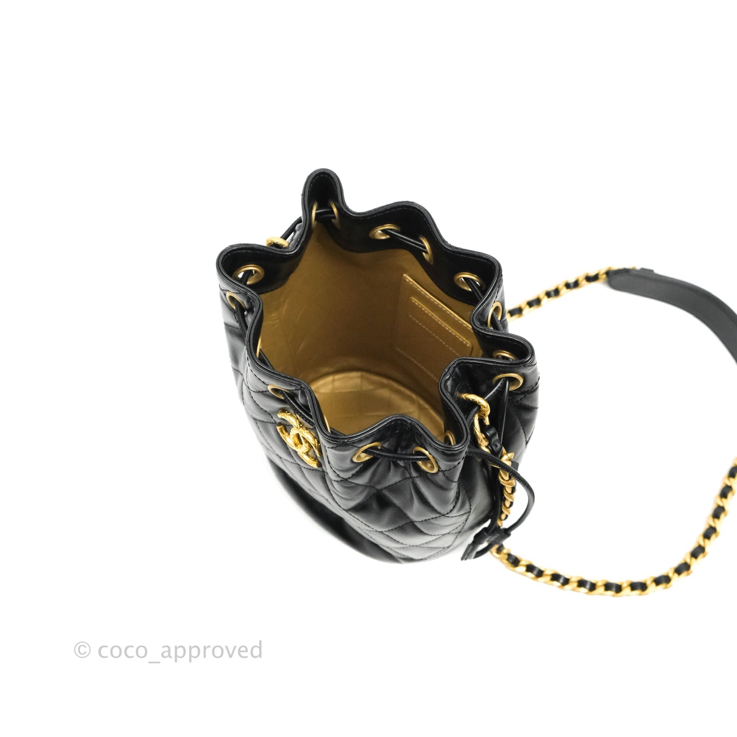 Chanel Quilted Drawstring Bucket Bag Black Calfskin Aged Gold Hardware