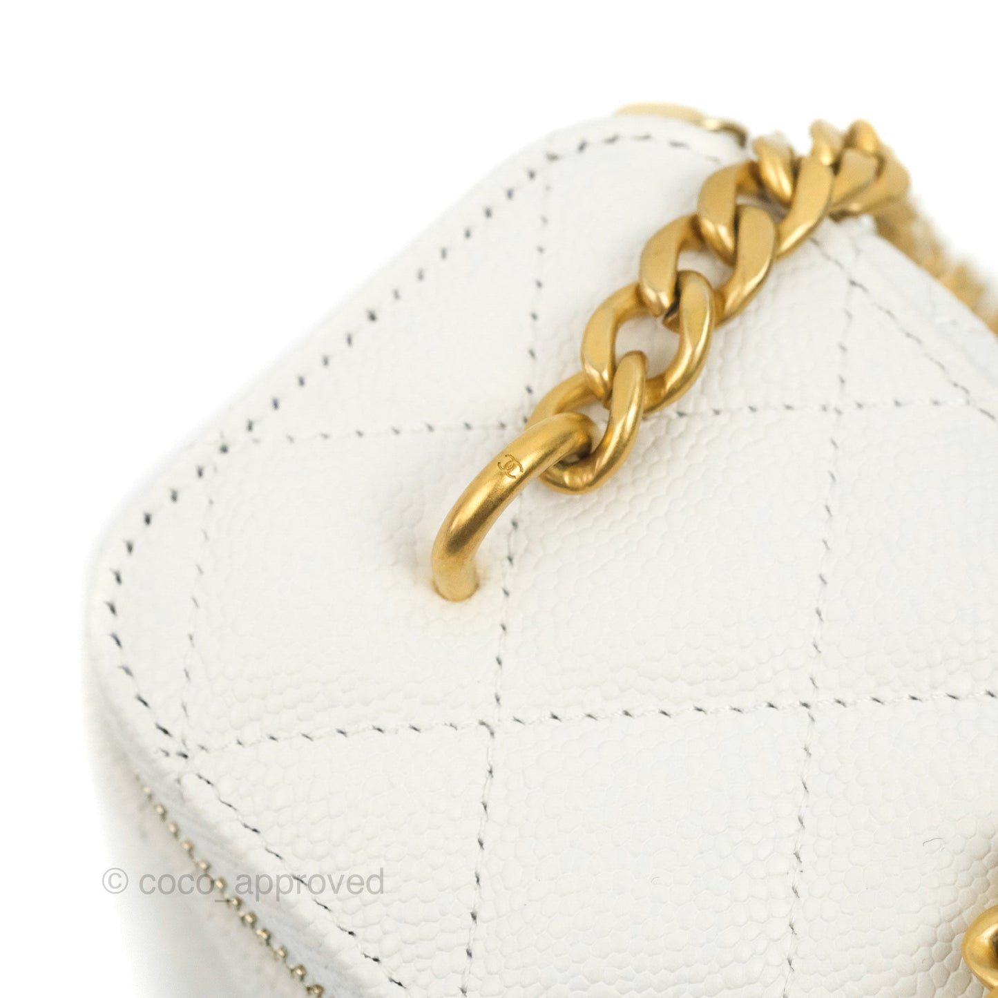 Chanel Quilted Heart Crush Mini Vanity With Chain White Caviar Aged Gold Hardware