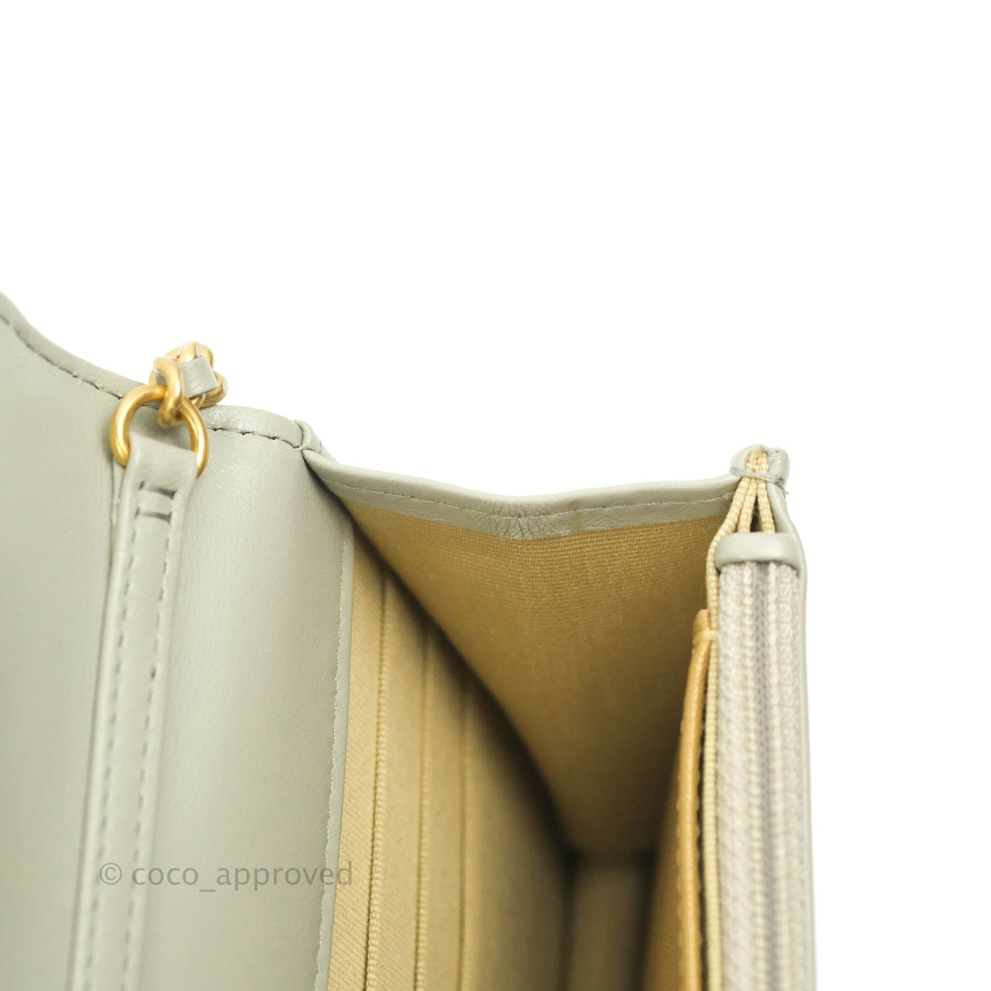 Chanel Quilted Pearl Crush Wallet on Chain WOC Light Grey Lambskin Aged Gold Hardware 22C