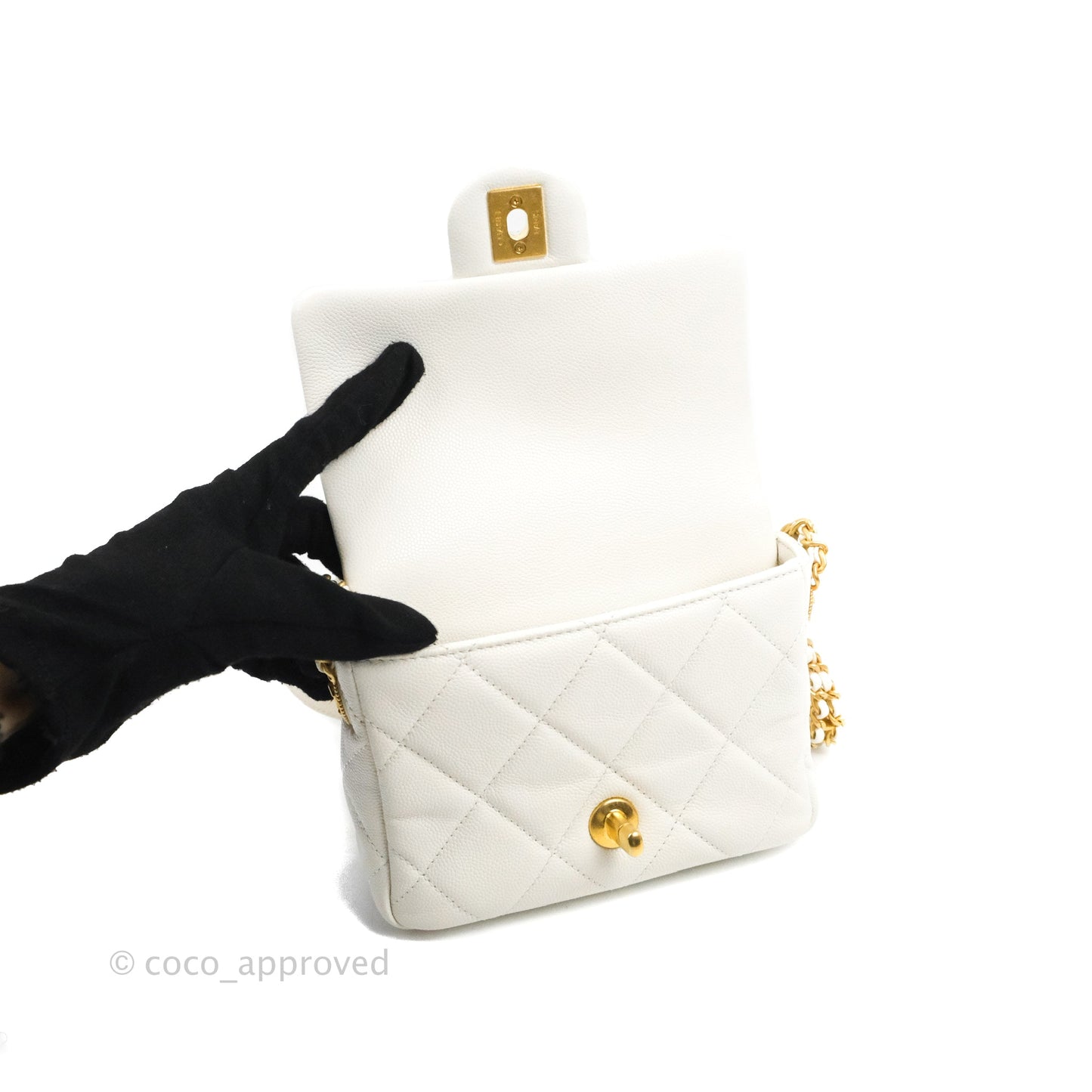 Chanel Mini Flap with Coin Charm White Caviar Aged Gold Hardware 22A