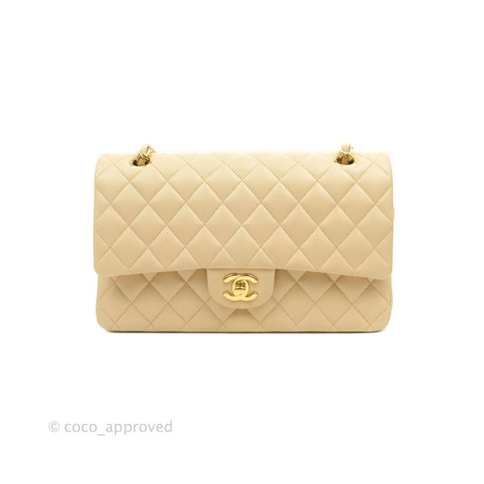 Chanel Classic M/L Medium Flap Quilted Beige Lambskin Gold Hardware