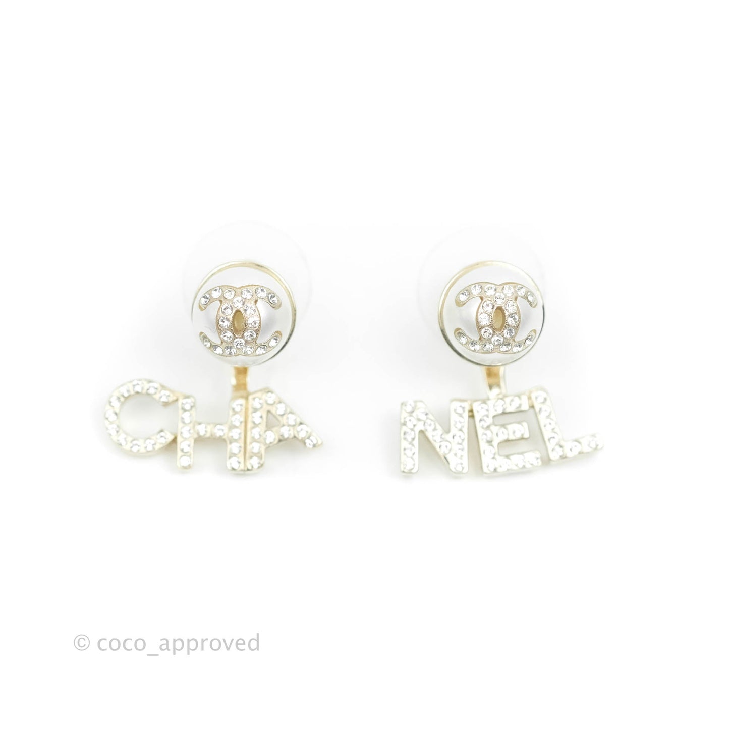 Chanel CC Pearl Rhinestone Earrings Gold Tone 21A