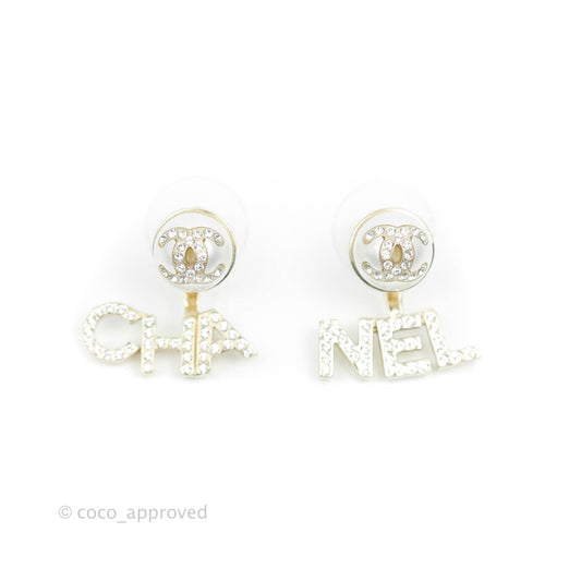 Chanel CC Pearl Rhinestone Earrings Gold Tone 21A