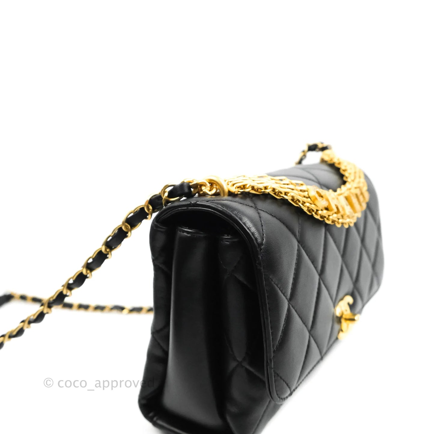 Chanel Quilted Small Flap Bag with CC Crystal Logo Handle Black Lambskin Aged Gold Hardware