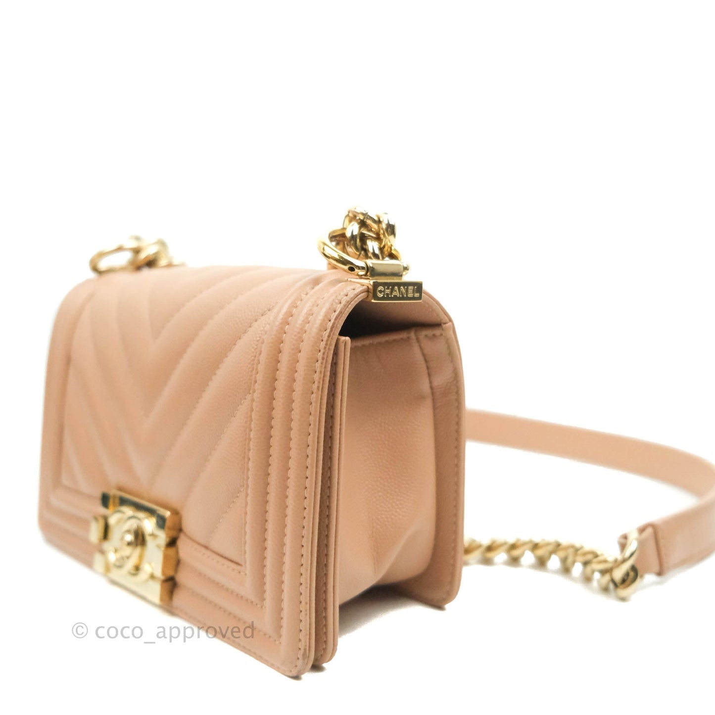 Chanel Small Chevron Boy Dark Beige Caviar Gold Hardware