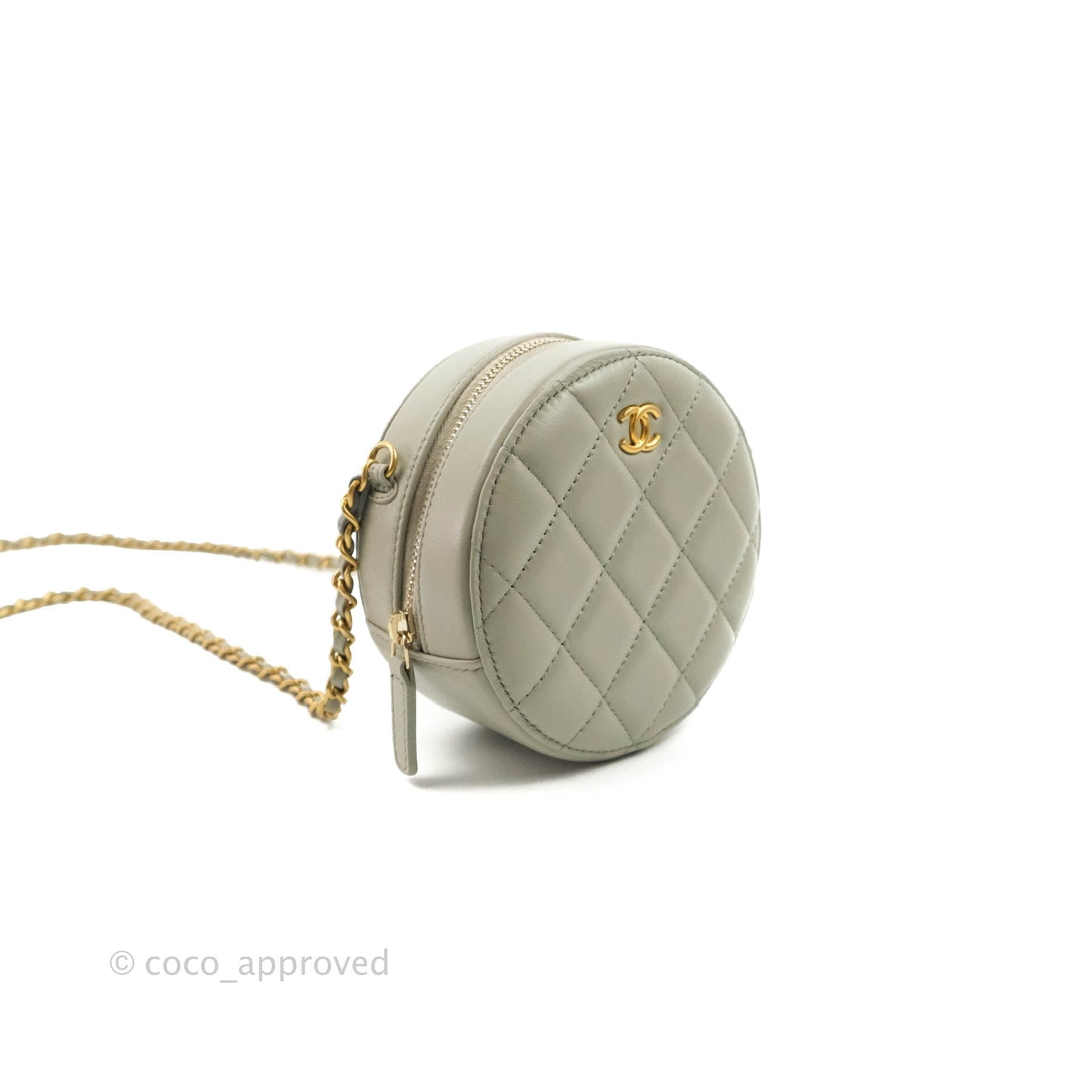 Chanel Quilted Round Pearl Crush Clutch With Chain Grey Lambskin Aged Gold Hardware