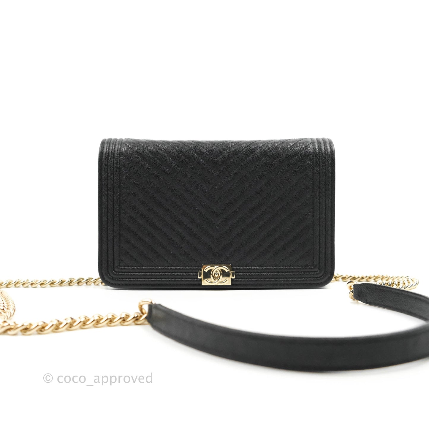 Chanel Chevron Boy Wallet On Chain Black Caviar Gold Hardware